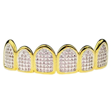 CZ Yellow Gold-Tone Iced Out Hip Hop Bling Open Face Cubic Zirconia Cuban Link Vampire Fang Removable Grill Grillz Combo Set with Mold Bar CZ Yellow Gold-Tone Iced Out Hip Hop Bling Open Face Cubic Zirconia Cuban Link Vampire Fang Removable Grill Grillz Combo Set with Mold Bar